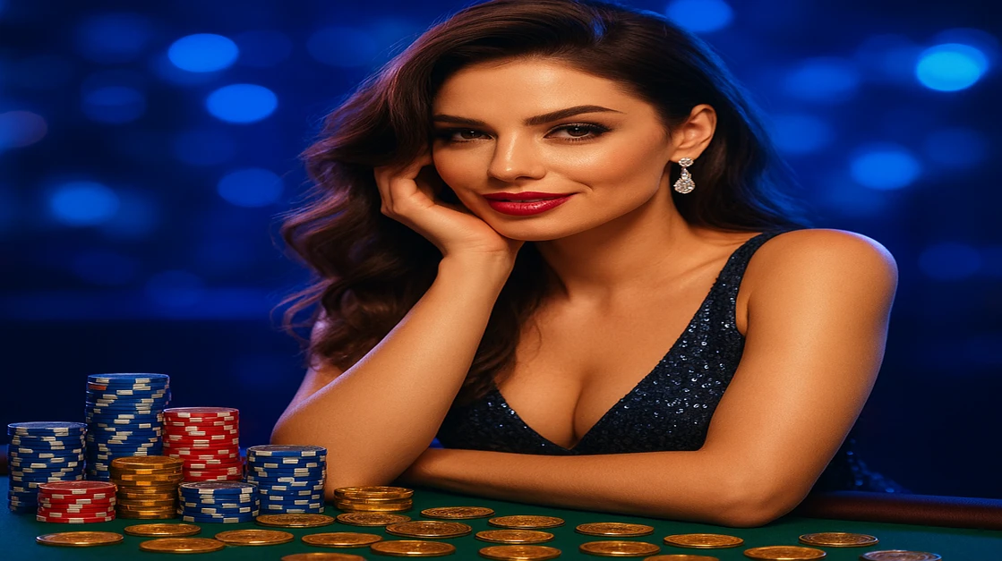 ba333 লাইভ গেমিং-এ একটি সুন্দর ডিলার একটি কার্ড-গেম টেবিলে আপনাকে ১০০% স্বাগত বোনাসসহ খেলার আমন্ত্রণ জানাচ্ছেন, চারপাশে চিপস ও ভাসমান সোনার কয়েনগুলো ঘিরে আছে।