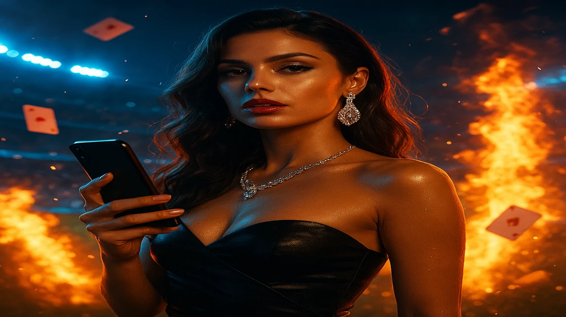 একটি সুন্দর নারী ba333 অ্যাপটি দেখা যাচ্ছে এমন একটি স্মার্টফোন ধরে আছেন; স্ক্রিনে স্টেডিয়াম দেখা যায়, জ্বলন্ত পরিবেশে চারপাশে আলো ছড়িয়ে আছে।