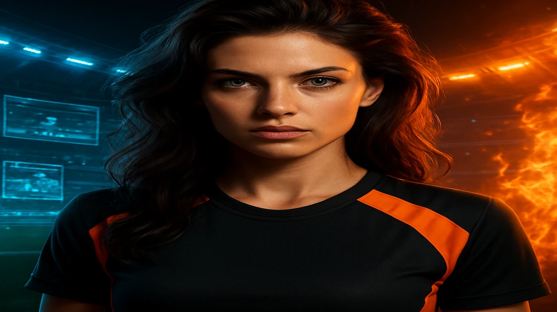 ba333 জার্সি পরা এক দৃঢ়-উদ্যমী নারী, জ্বলন্ত ক্রীড়া স্টেডিয়ামের গতিময় পটভূমি ও অনলাইন গেমিং স্ক্রিনগুলোর সামনে প্রস্তুত।