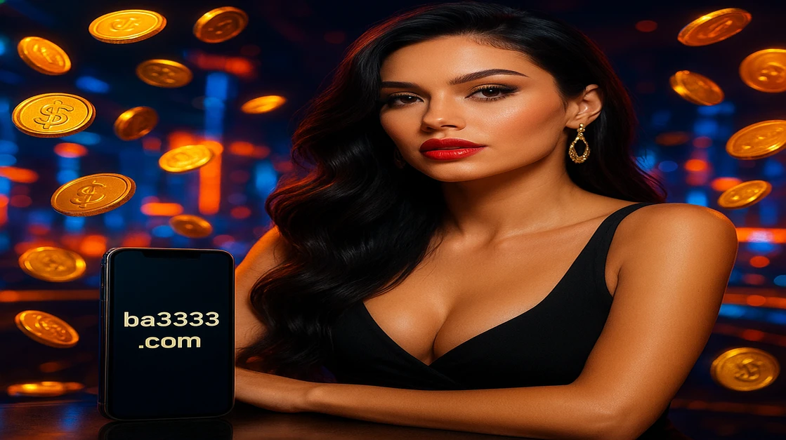 একজন নারী ba333 ক্রিপ্টো-গেমিং প্ল্যাটফর্মে লগইন করার জন্য একটি স্মার্টফোন ধরে আছেন, চারপাশে জ্বলন্ত বিটকয়েন কয়েন ও একটি ভবিষ্যৎ-গেমিং পরিবেশ।