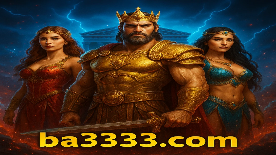 ba333 গেমিং প্ল্যাটফর্মে শক্তিশালী দেবতা জিউস ও দুইটি সুন্দর দেবী আপনাকে অলিম্পাসের দরজা থেকে স্বাগত জানাচ্ছেন, পেছনে একটি বিশাল মন্দির দৃশ্যমান।